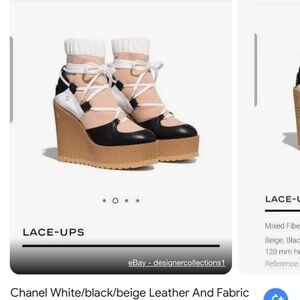 Chanel White/Black/Beige Leather And Fabric Lace Up Wedge Platform Boots